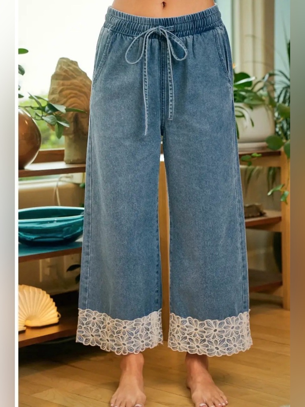 BiBi Light Blue Cropped Wide-Leg Jeans with White Lace Trim